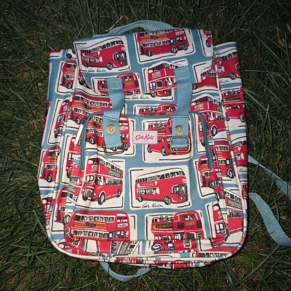 Cath Kids London Red Double Decker Bus Coated Canvas Backpack Rucksack Blue vtg
